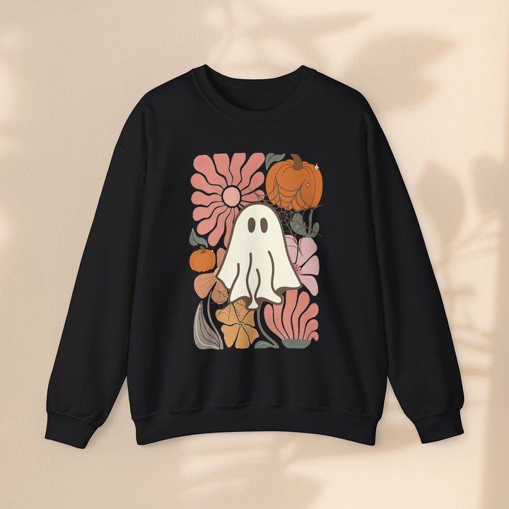 Sea Dragon Dreams black crewneck sweatshirt featuring a retro ghost, pumpkin, and floral graphic print.
