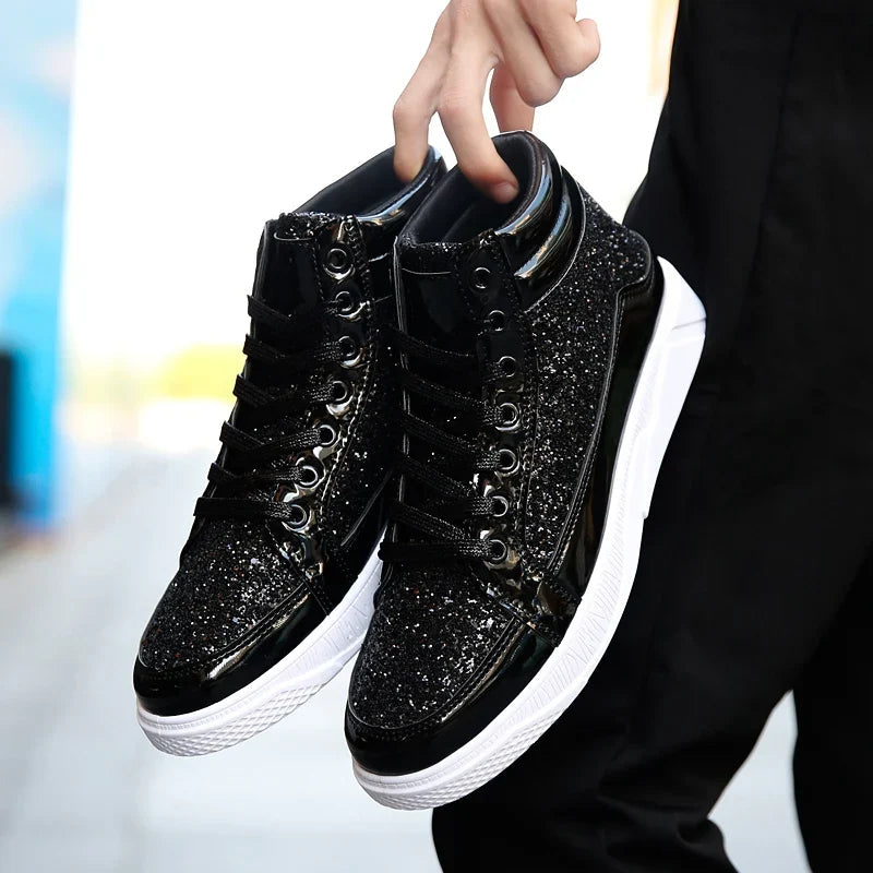 Sea Dragon Dreams men's black glitter high-top sneakers with lace-up design and white soles for stage or party wear