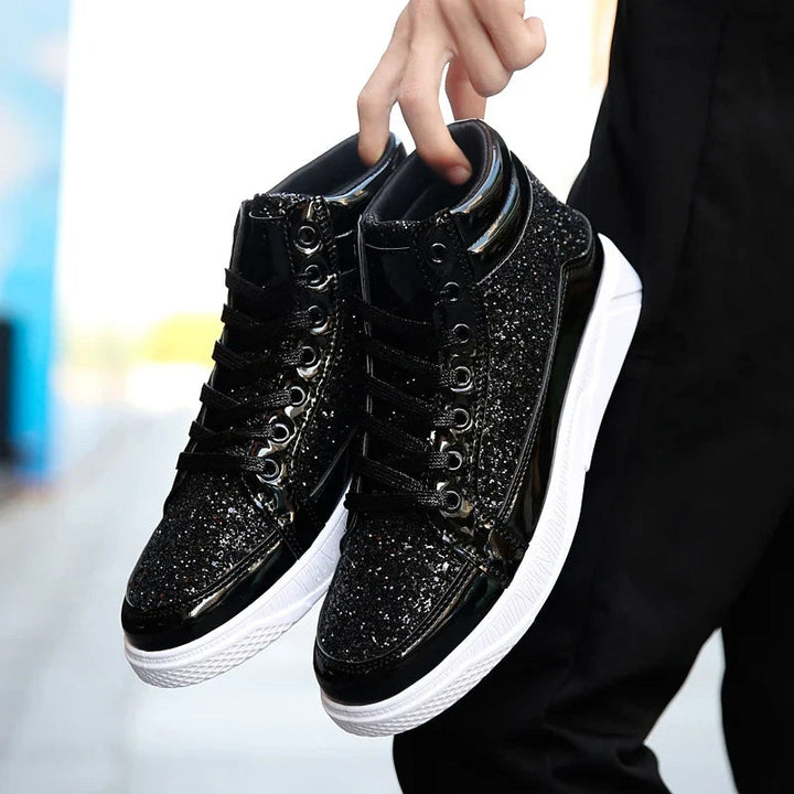 Sea Dragon Dreams men's black glitter high-top sneakers with lace-up design and white soles for stage or party wear