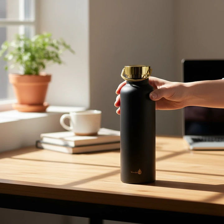 Sea Dragon Dreams 24 oz insulated stainless steel water bottle in matte black with a gold lid held on a desk.