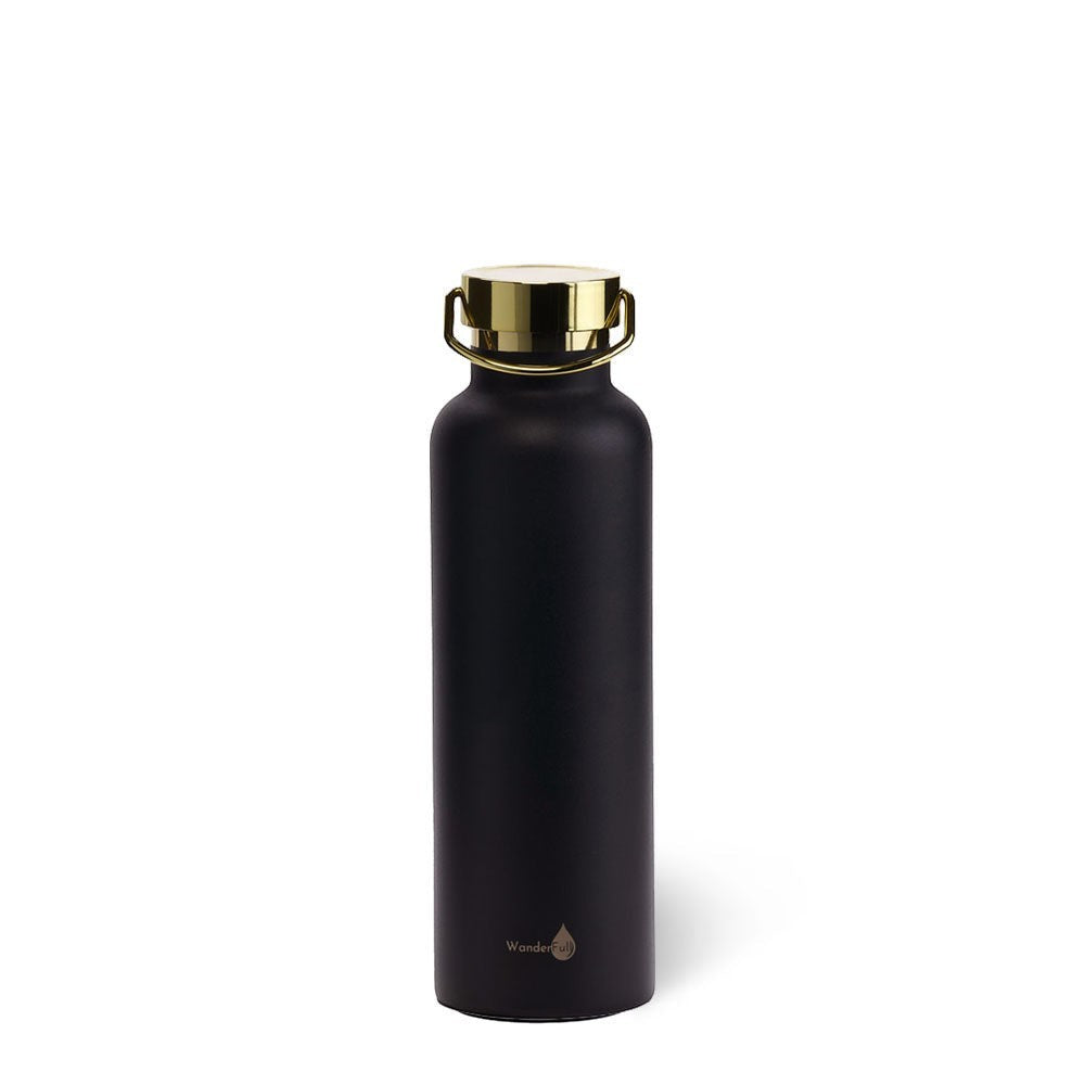 Sea Dragon Dreams 24 oz insulated stainless steel water bottle in matte black with a metallic gold lid.
