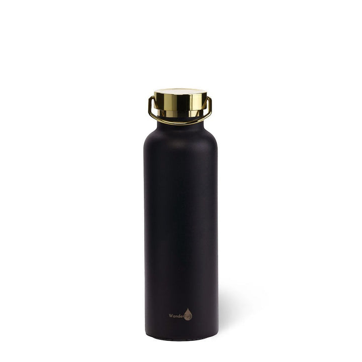 Sea Dragon Dreams 24 oz insulated stainless steel water bottle in matte black with a metallic gold lid.