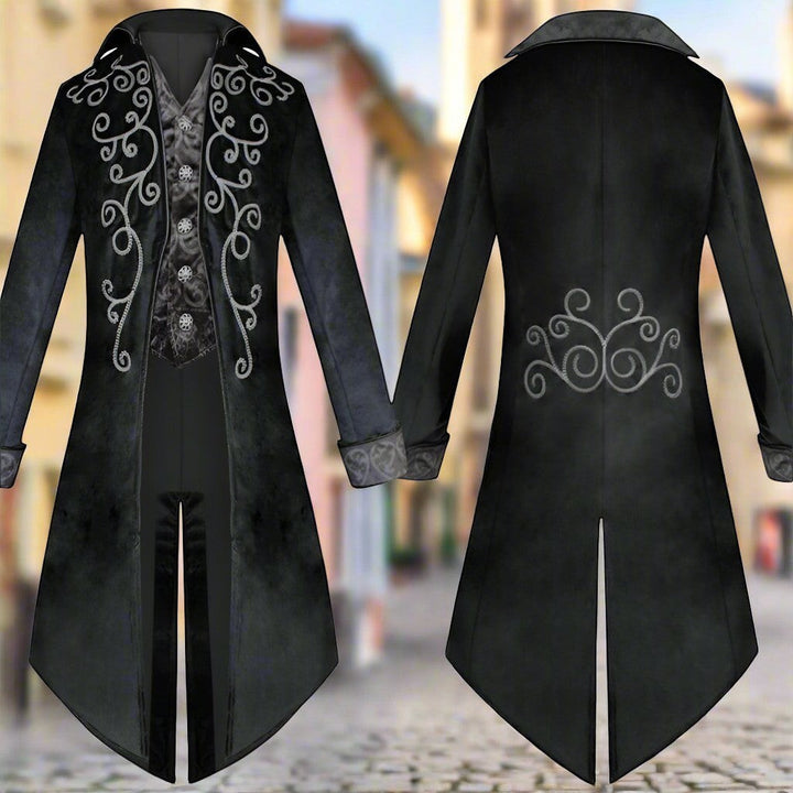Sea Dragon Dreams black gothic tailcoat with silver embroidery, featuring a long tuxedo silhouette for cosplay.