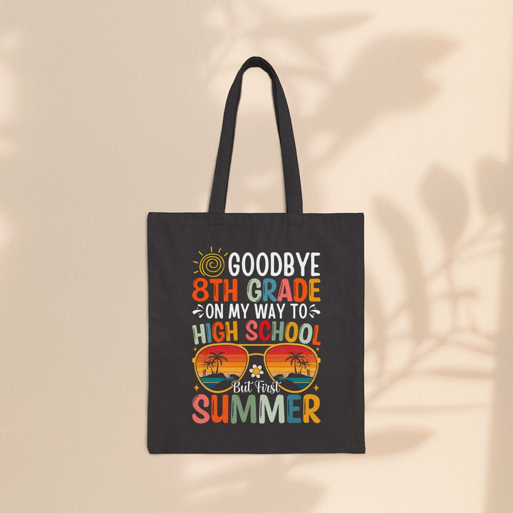 Sea Dragon Dreams black cotton canvas tote bag featuring a colorful 8th grade graduation summer graphic design.