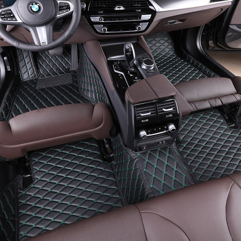 Sea Dragon Dreams black TPE car floor mats with green stitching installed in a 5-seat vehicle interior.
