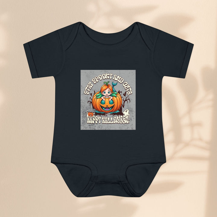 Sea Dragon Dreams black infant bodysuit featuring a Stay Spooky and Cute pumpkin graphic for Halloween.