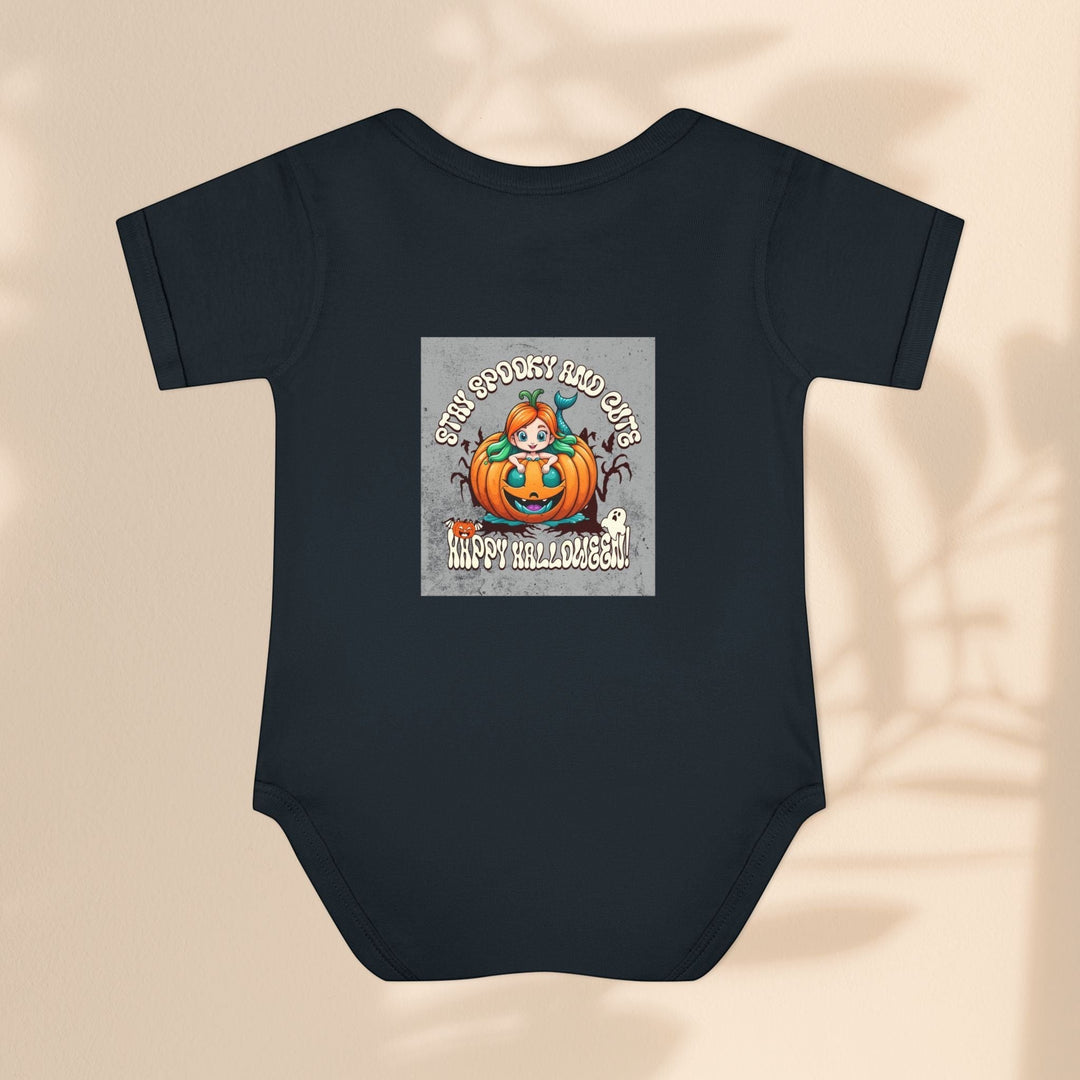 Sea Dragon Dreams infant bodysuit in black cotton featuring a Stay Spooky and Cute pumpkin Halloween graphic