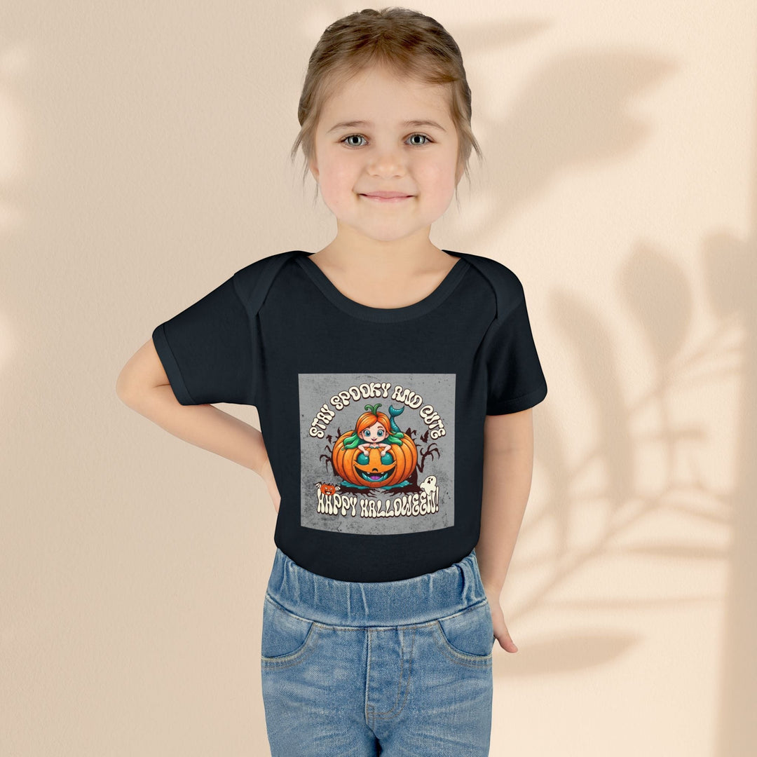 Sea Dragon Dreams infant black cotton bodysuit with Stay Spooky and Cute pumpkin Halloween graphic print