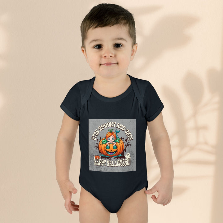 Sea Dragon Dreams infant bodysuit in black cotton with a Stay Spooky and Cute pumpkin Halloween graphic print