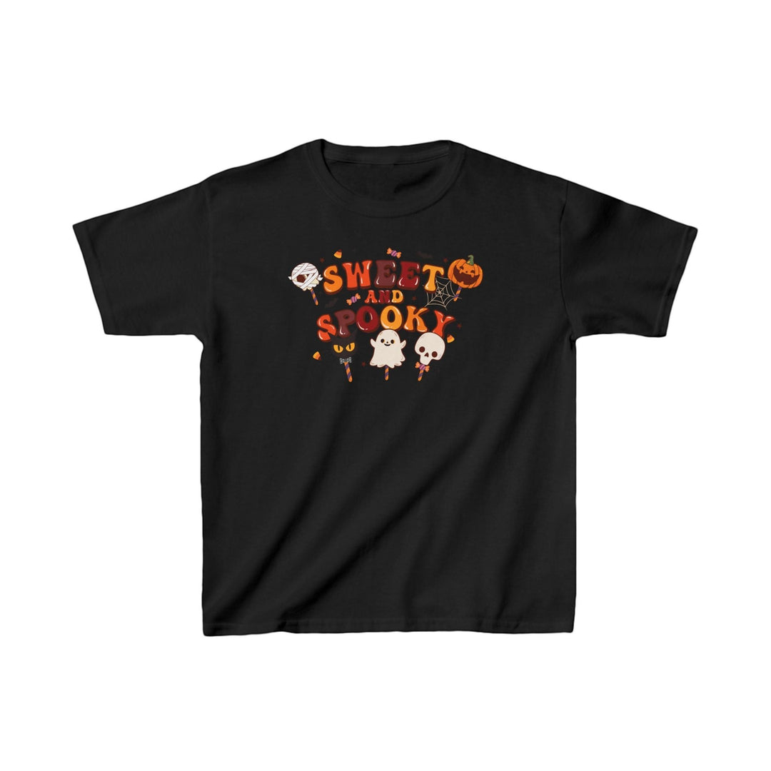 Sea Dragon Dreams black kids cotton t-shirt with Sweet and Spooky Halloween graphic print featuring ghosts and candy