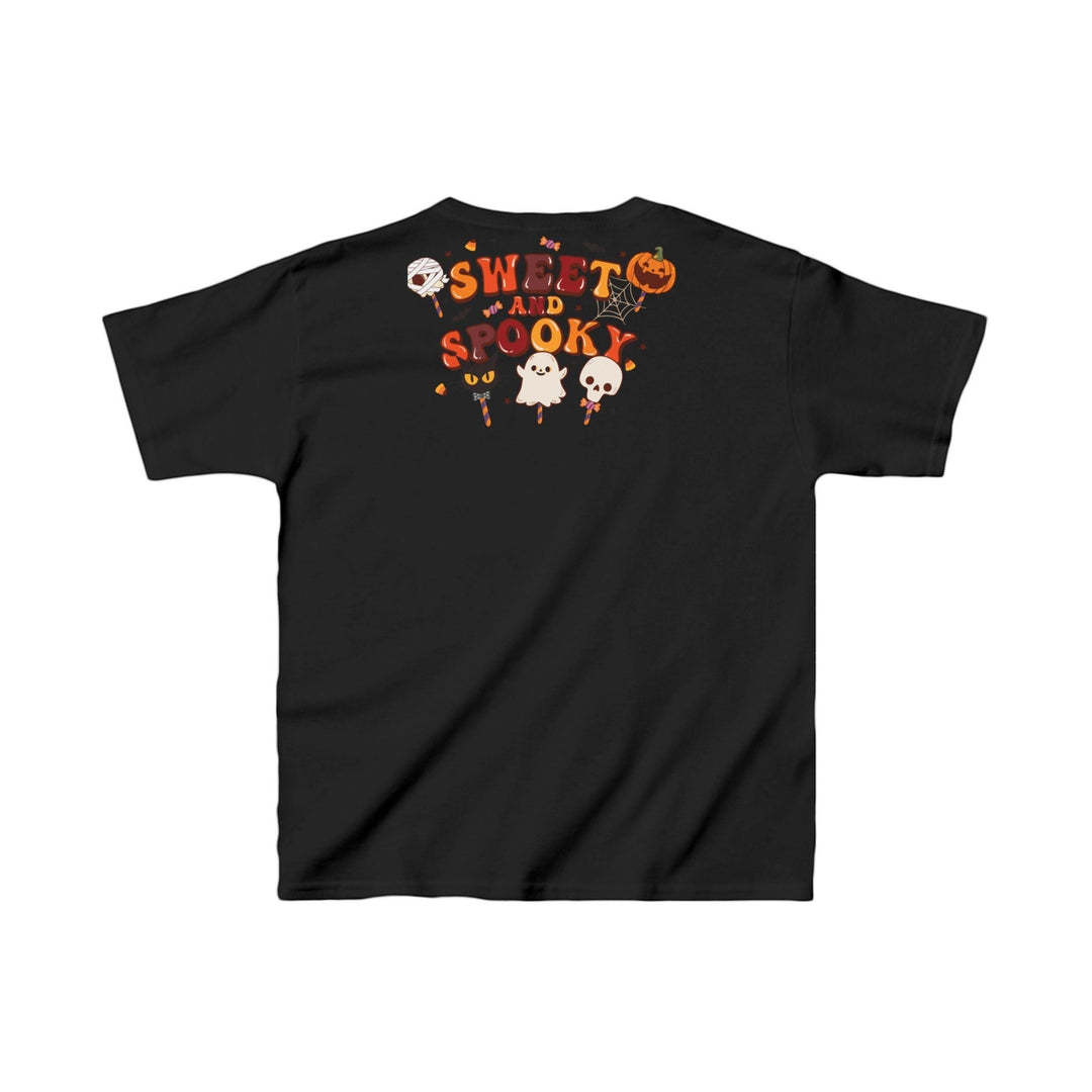 Sea Dragon Dreams black kids cotton t-shirt with Sweet and Spooky Halloween graphic on the back
