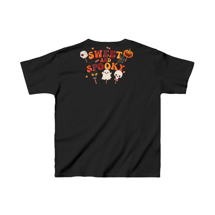 Sea Dragon Dreams black kids cotton t-shirt with Sweet and Spooky Halloween graphic on the back