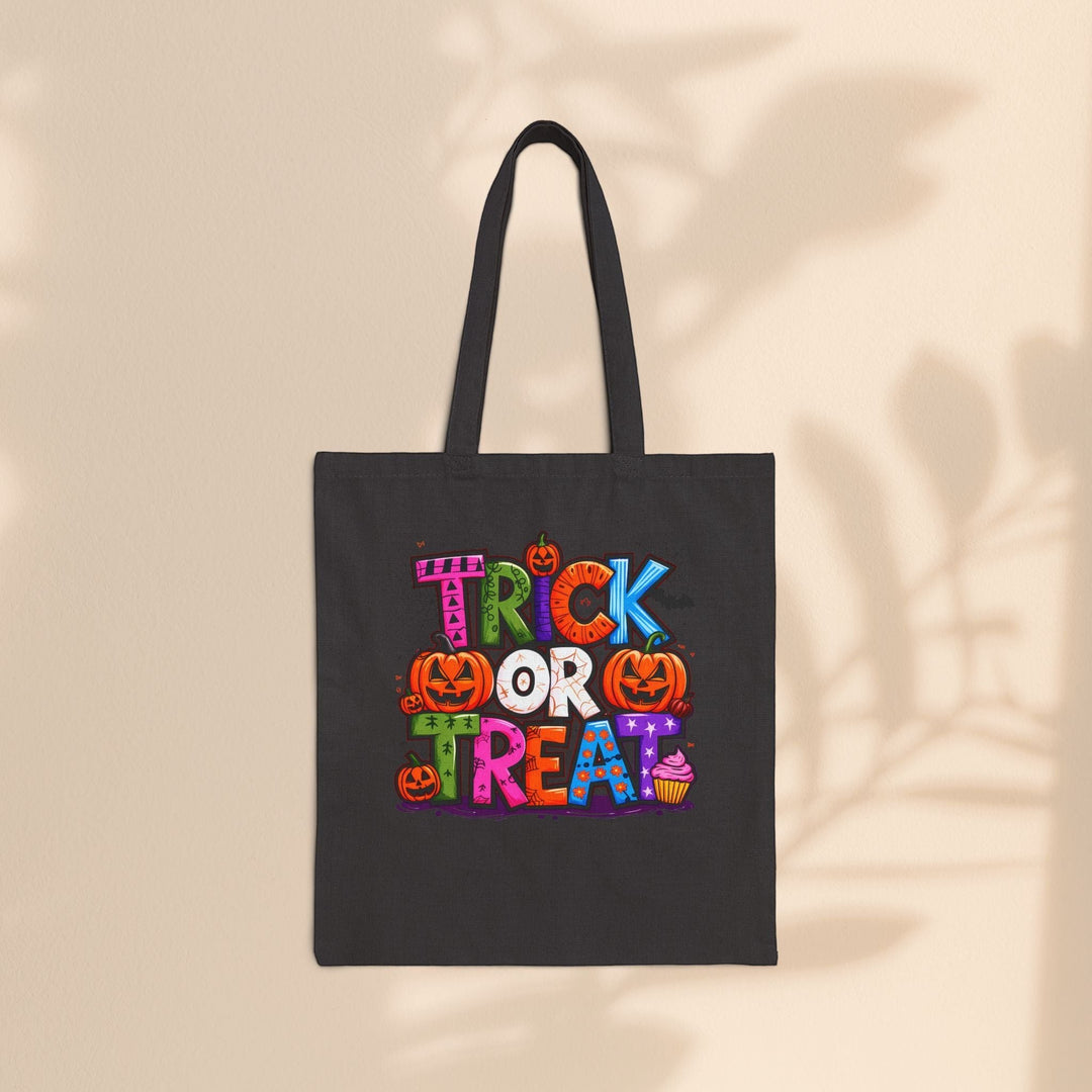 Sea Dragon Dreams black cotton canvas tote bag with colorful Trick or Treat Halloween graphic print