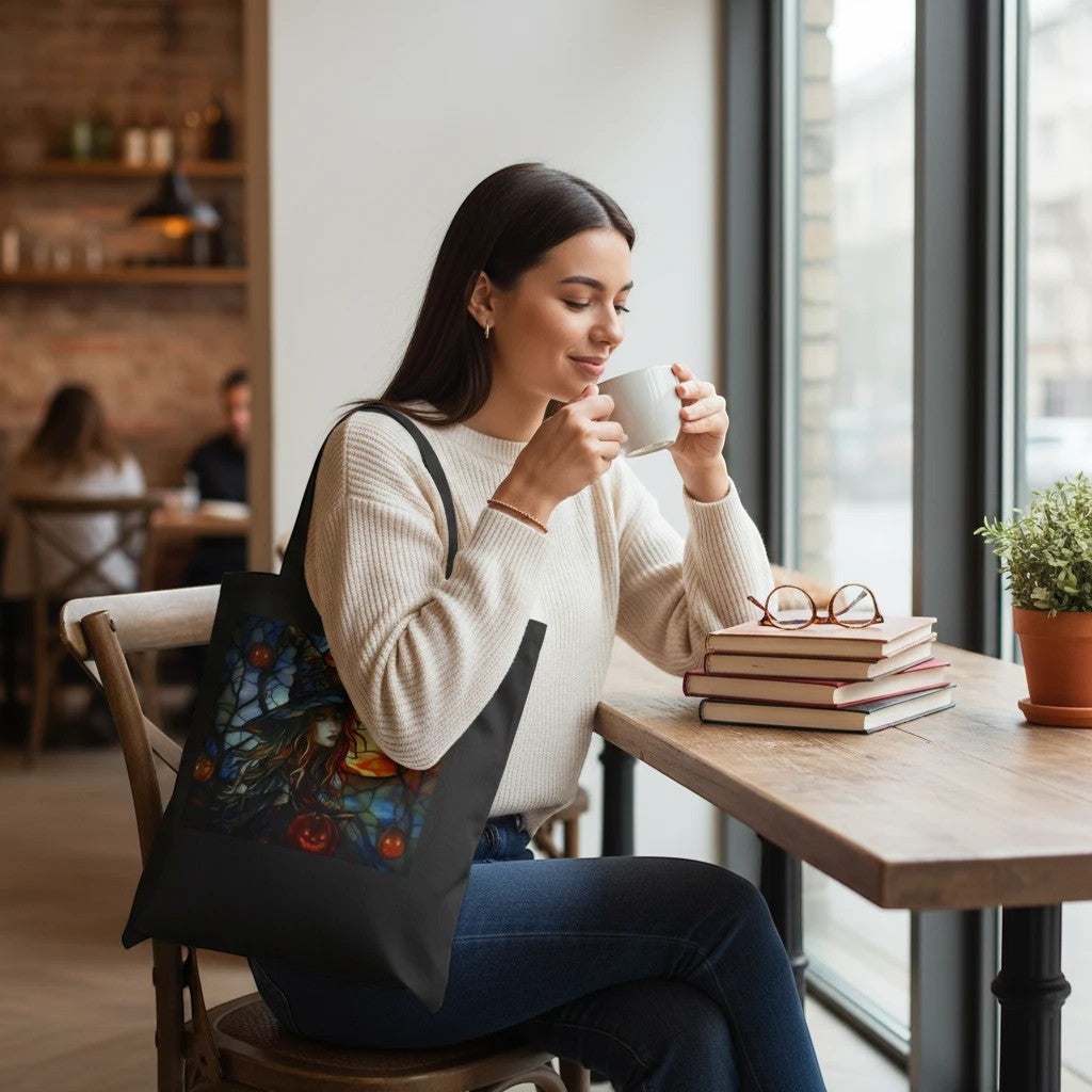 A woman wearing a Sea Dragon Dreams black cotton canvas tote bag with a witchy Halloween design while drinking coffee.