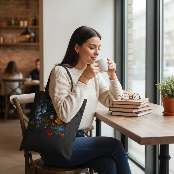 A woman wearing a Sea Dragon Dreams black cotton canvas tote bag with a witchy Halloween design while drinking coffee.