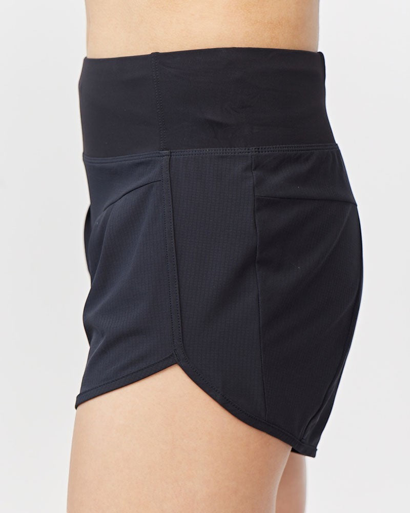 Sea Dragon Dreams black high rise running shorts with a wide knit waistband and side zip pocket, side view