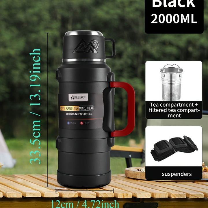 Sea Dragon Dreams 2000ml black stainless steel insulated thermos with handle, tea filter, and carrying strap.