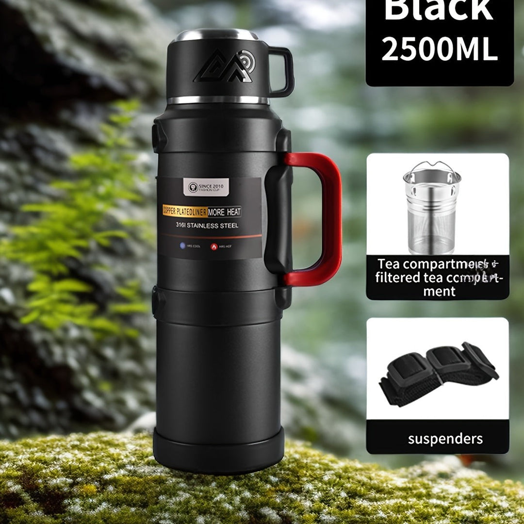 Sea Dragon Dreams black 2500ml stainless steel insulated thermos with red handle, tea filter, and carrying strap.