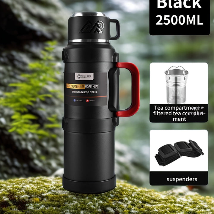 Sea Dragon Dreams black 2500ml stainless steel insulated thermos with red handle, tea filter, and carrying strap.