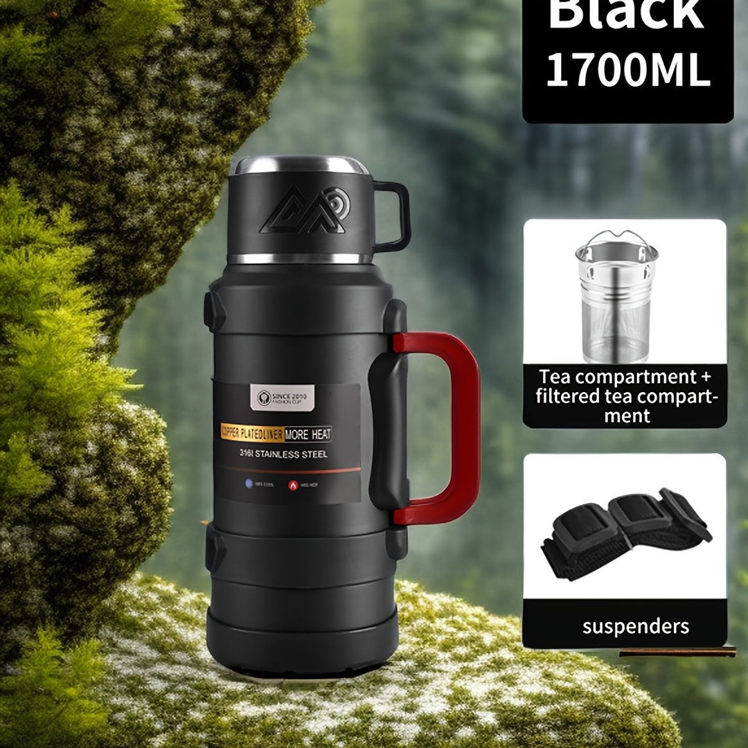 Sea Dragon Dreams black stainless steel insulated water bottle with handle, tea filter, and carrying strap.