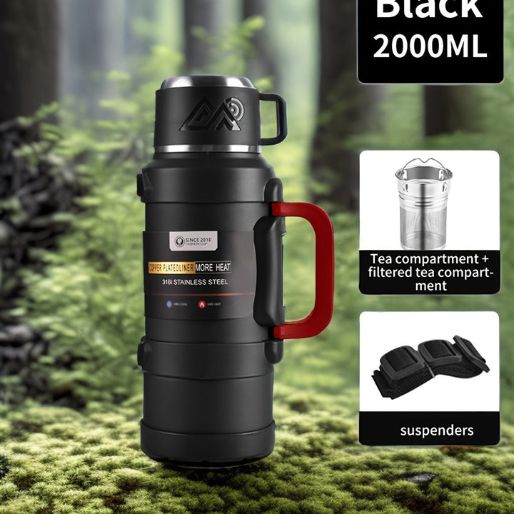 Sea Dragon Dreams black 2000ml stainless steel insulated water bottle with red handle, tea filter, and carry strap.