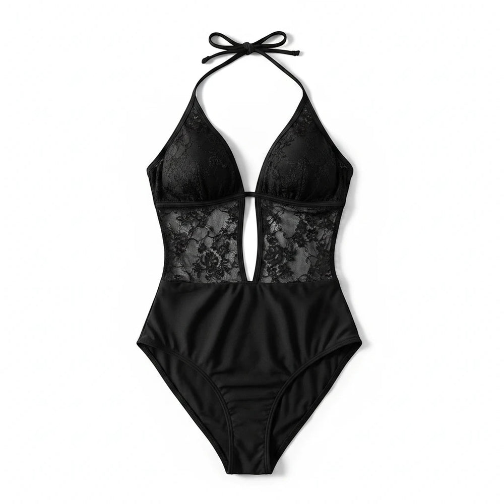 Sea Dragon Dreams black one-piece swimsuit with a halter neckline and intricate sheer lace mesh detailing.