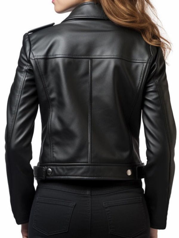 Sea Dragon Dreams women's black leather biker jacket, back view showing structured seams and moto-inspired design.