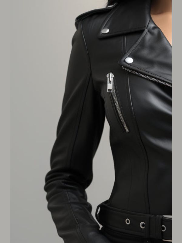 Sea Dragon Dreams women's black leather biker jacket with silver zipper detail and belted waist