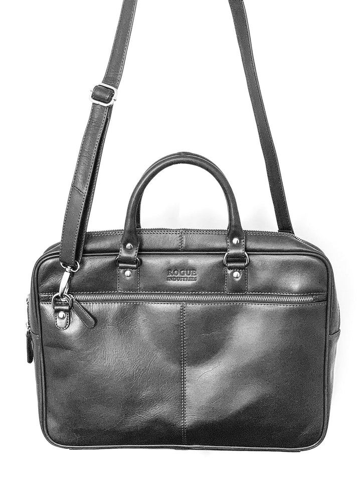 Sea Dragon Dreams black leather slim laptop bag with nickel hardware, top handles, and a removable shoulder strap.