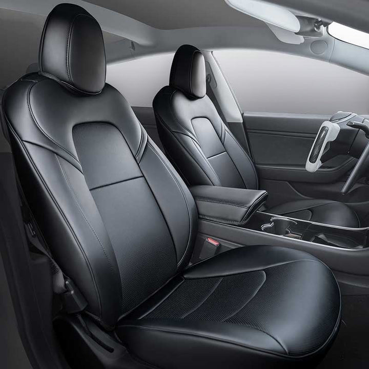 Sea Dragon Dreams black leather seat covers installed in a Tesla Model 3 or Model Y for a sleek interior upgrade.