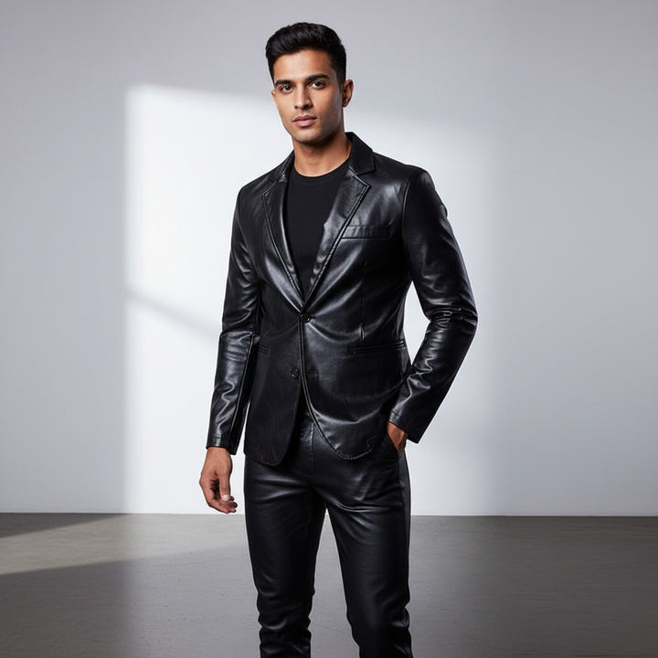 Sea Dragon Dreams men's black slim-fit faux leather two-piece suit with a tailored jacket and matching trousers