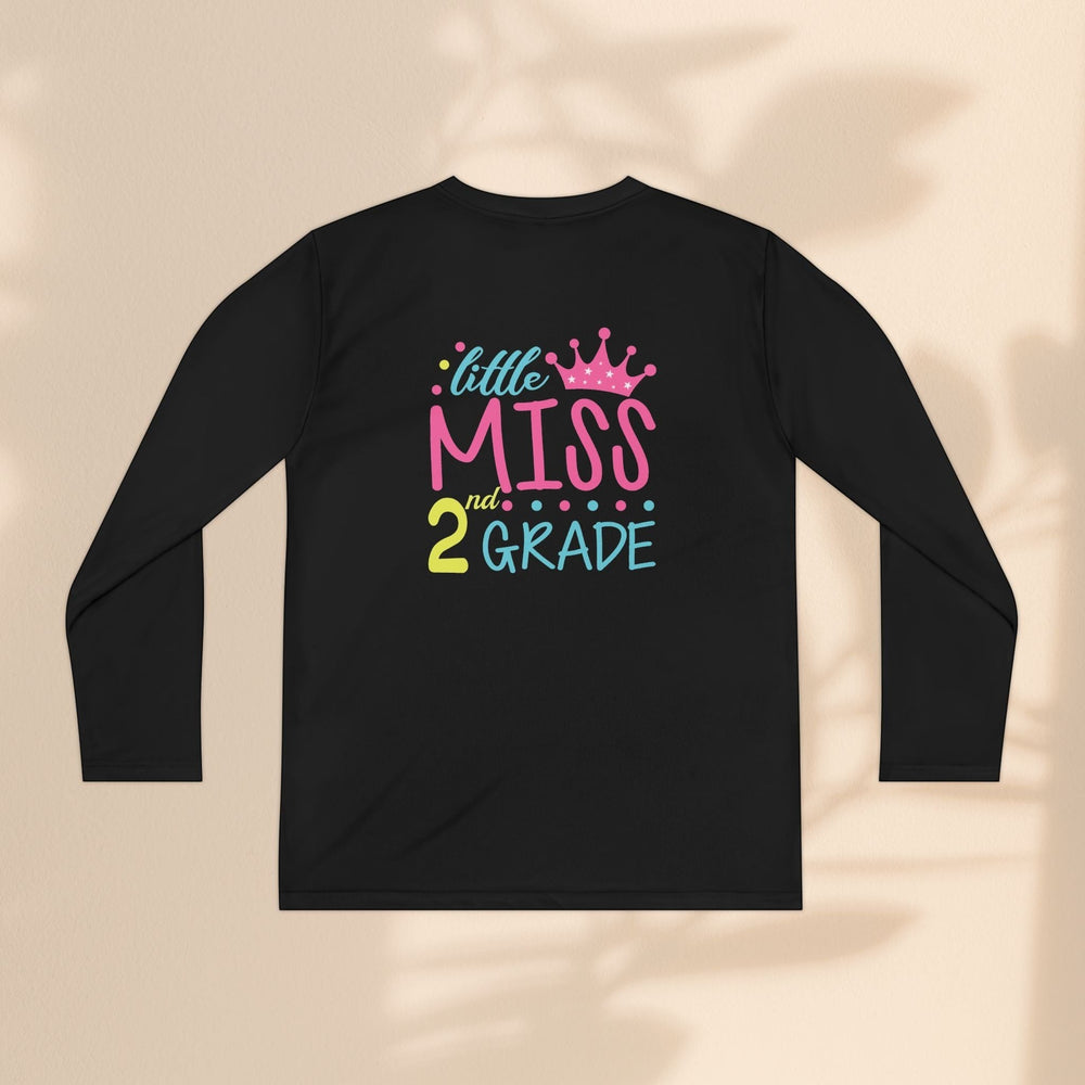 Sea Dragon Dreams black long sleeve youth shirt with Little Miss 2nd Grade graphic in pink, yellow, and blue.
