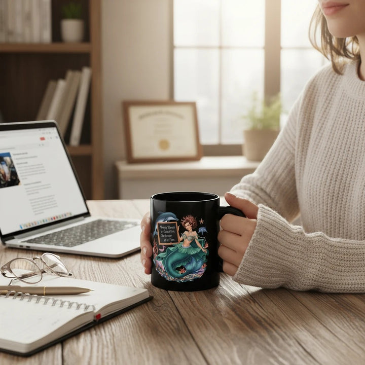 Sea Dragon Dreams black ceramic coffee mug with mermaid illustration held by a woman at a desk with a laptop