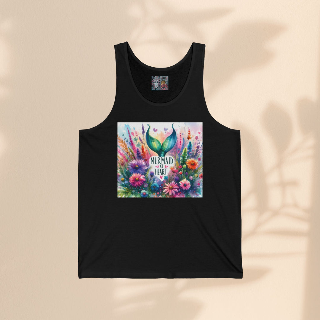 Sea Dragon Dreams black unisex jersey tank top featuring a colorful floral mermaid tail print on the chest.