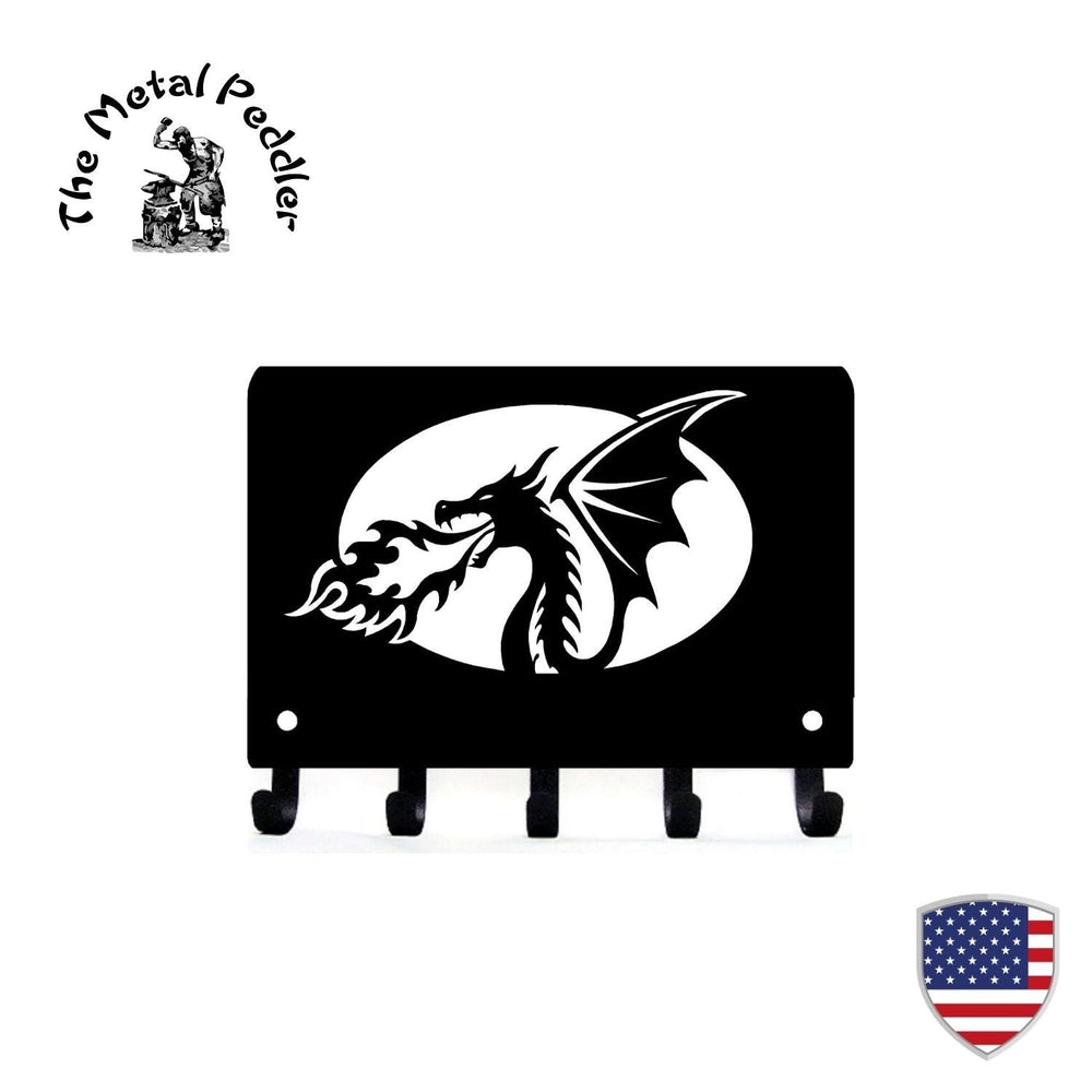 Sea Dragon Dreams black metal wall key holder featuring a laser-cut fire-breathing dragon design with five hooks.