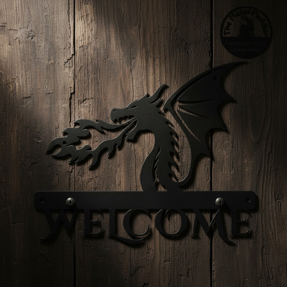 Sea Dragon Dreams personalized black metal dragon welcome sign mounted on a rustic wooden wall.