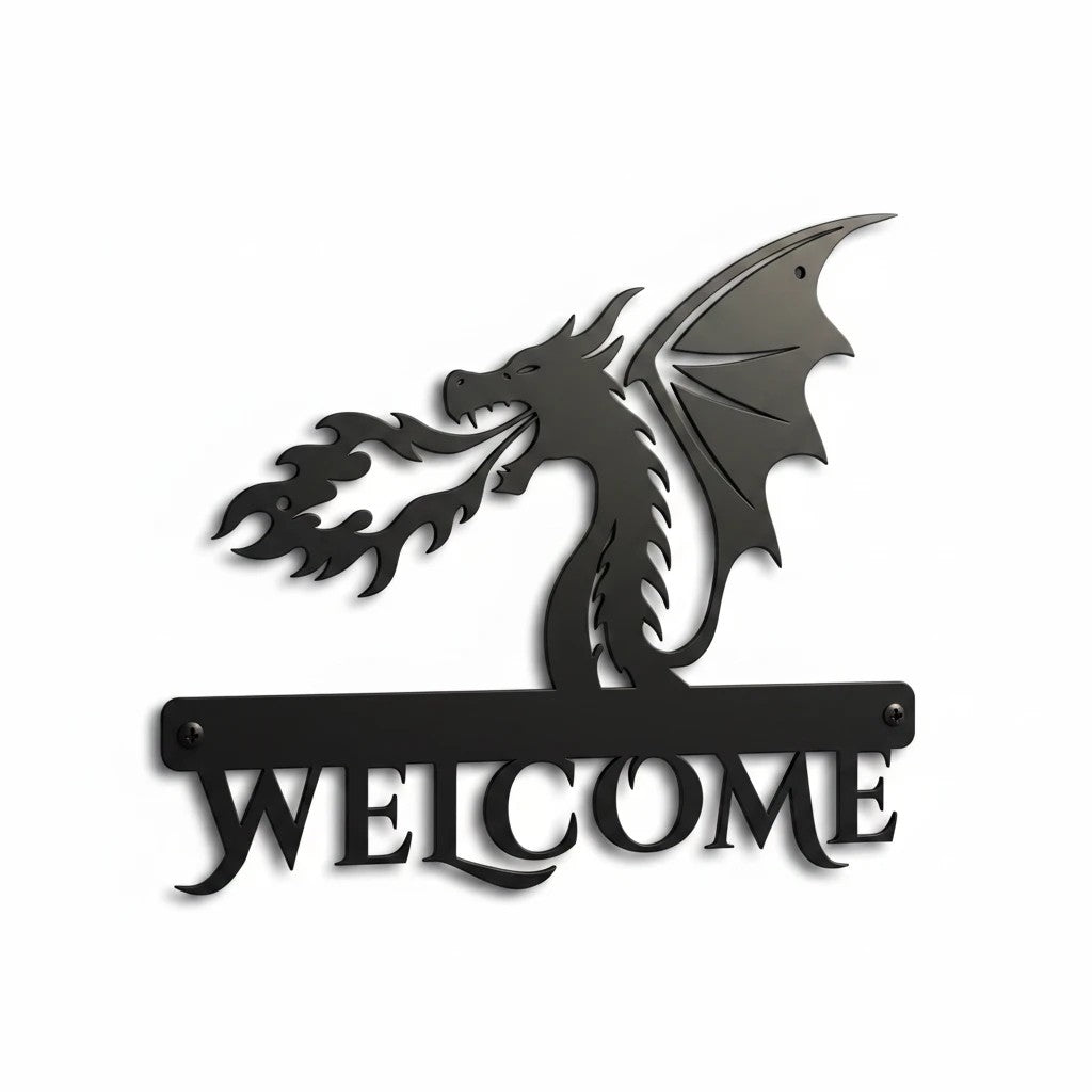 Sea Dragon Dreams black metal welcome sign featuring a fire-breathing dragon silhouette, handcrafted from steel.