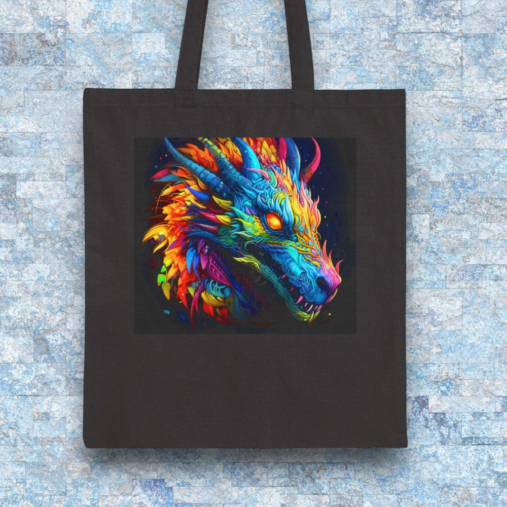 Sea Dragon Dreams black cotton canvas tote bag featuring a vibrant neon dragon head illustration.