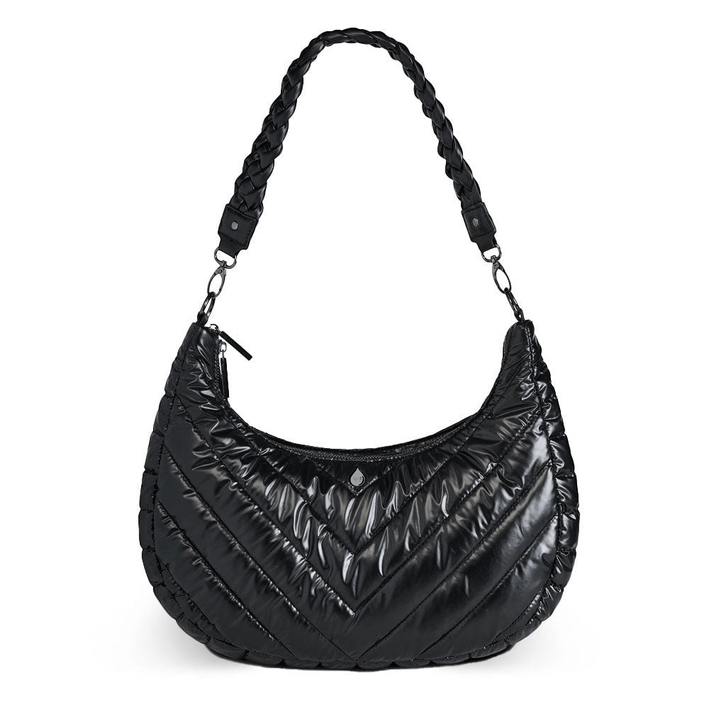 Sea Dragon Dreams Black Pearl HydroHobo crossbody bag in black nylon with a braided strap and half-moon silhouette.