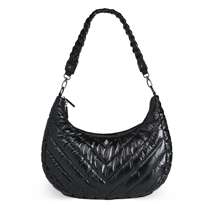 Sea Dragon Dreams Black Pearl HydroHobo crossbody bag in black nylon with a braided strap and half-moon silhouette.
