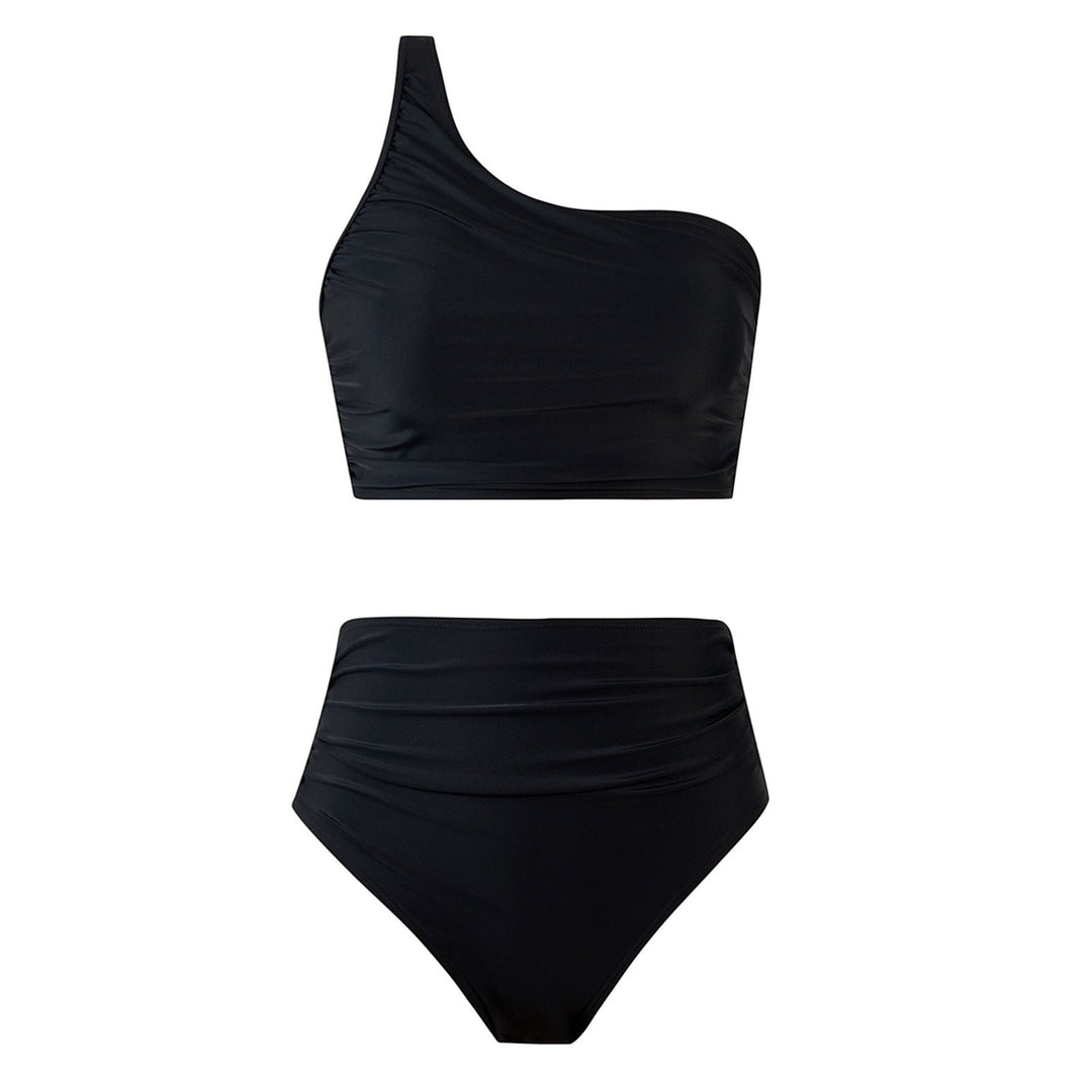 Sea Dragon Dreams black one-shoulder bikini set with high-waisted bottoms in soft, quick-drying stretch fabric.