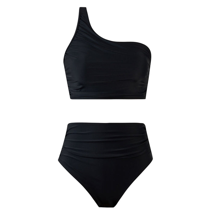 Sea Dragon Dreams black one-shoulder bikini set with high-waisted bottoms in soft, quick-drying stretch fabric.
