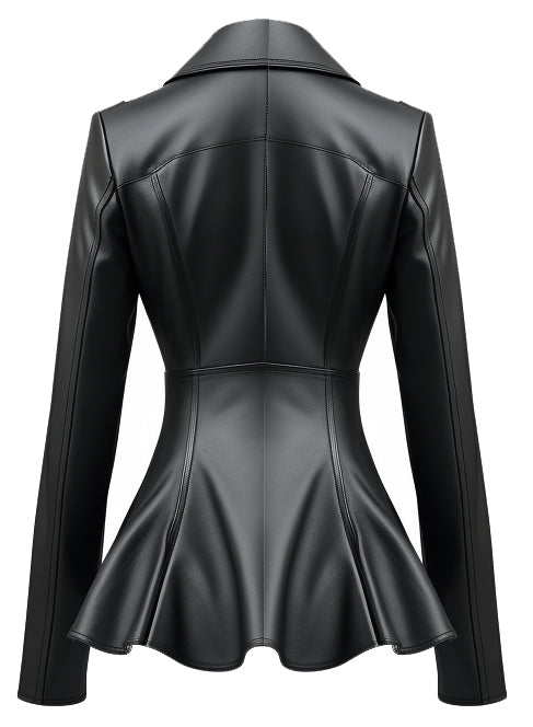 Sea Dragon Dreams black leather jacket with a fitted bodice and flared peplum hem, back view.