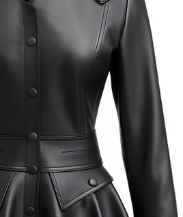 Sea Dragon Dreams black leather jacket featuring a fitted bodice, snap button closure, and a flared peplum waist.