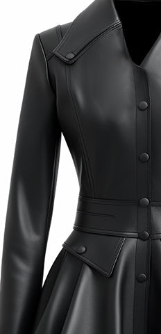 Sea Dragon Dreams black leather jacket featuring a fitted bodice, button front, and a feminine flared peplum hem.