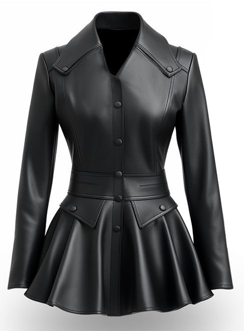 Sea Dragon Dreams black leather jacket featuring a fitted bodice, structured collar, and flared peplum hem.