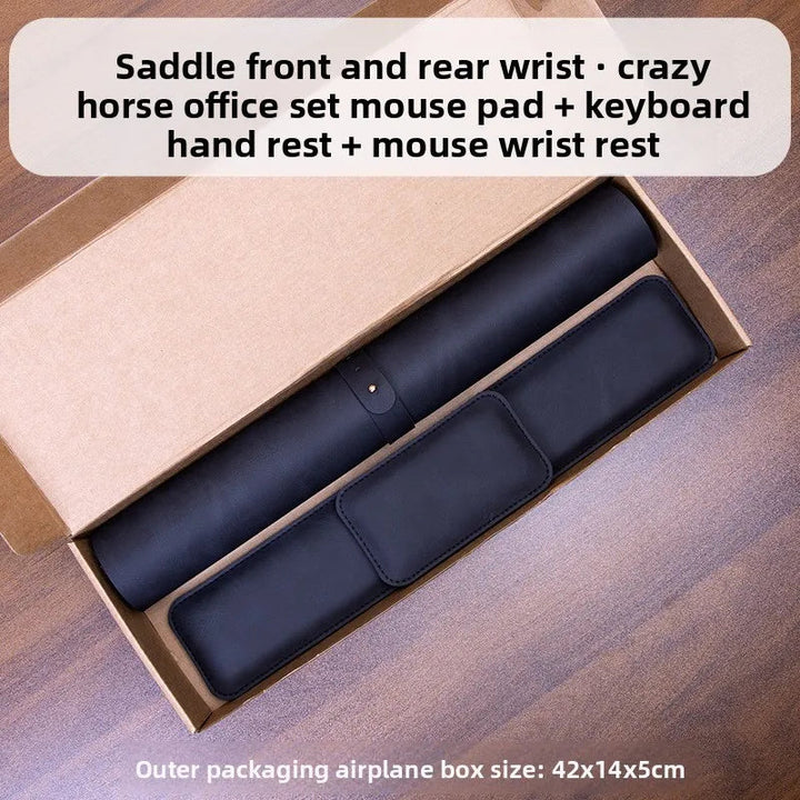 Sea Dragon Dreams 3-piece black PU leather desk mat, keyboard wrist rest, and mouse pad set in a storage box