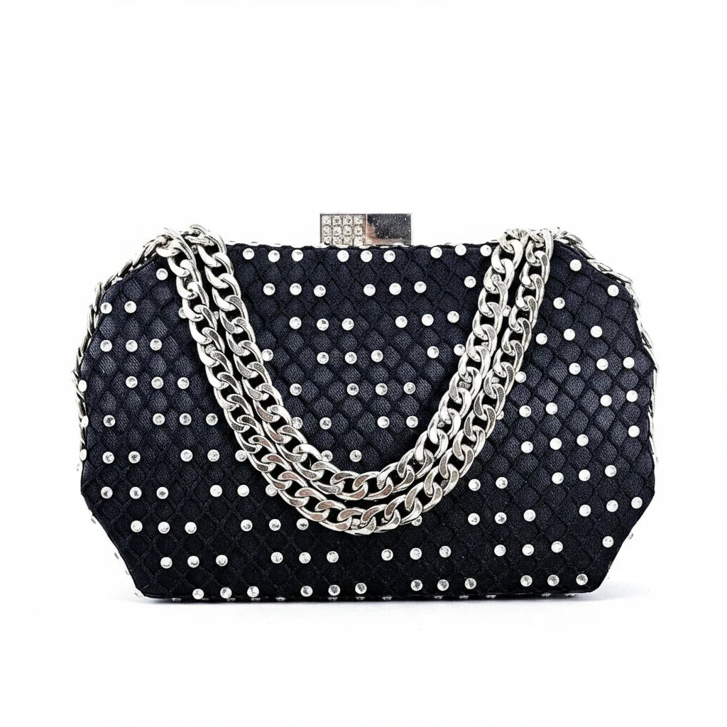 Sea Dragon Dreams black quilted clutch handbag with silver stud embellishments and a decorative silver chain strap.