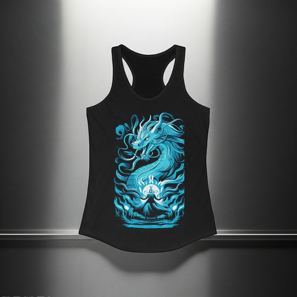 Sea Dragon Dreams black racerback tank with a blue dragon graphic and a silhouette figure in a mystical pose.