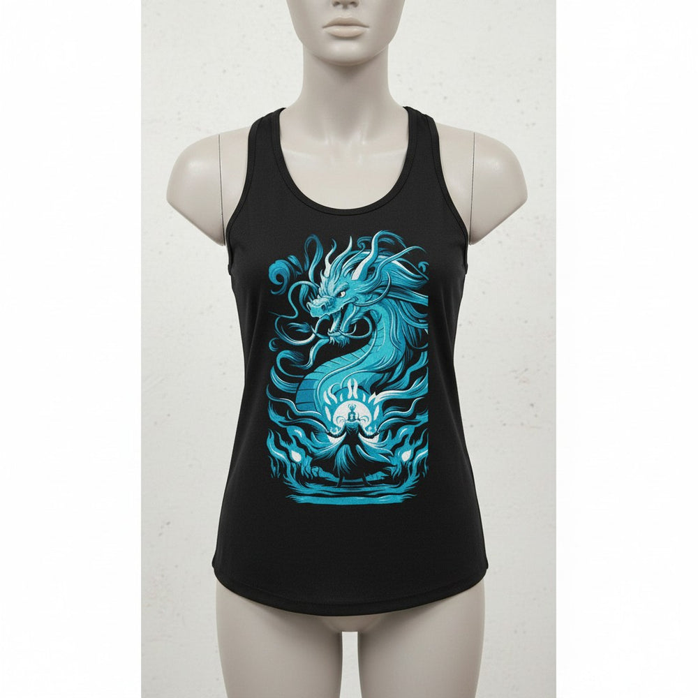 Sea Dragon Dreams black racerback tank top featuring a blue dragon and a woman silhouette graphic print.